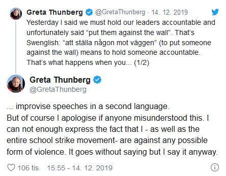 Greta Thunbergová se omlouvá